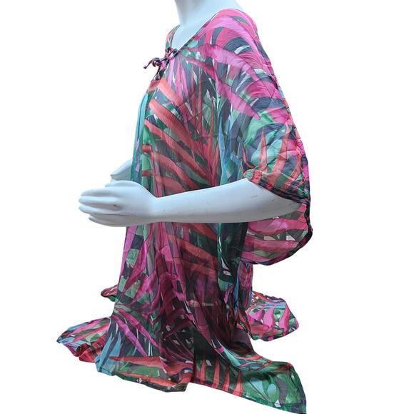 One Size Tropical Leaves Kimono Shear Beach Suit Cover-up Lace Up Neck Party - Picture 4 of 6